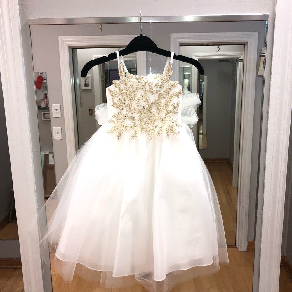Flower girl dress ivory and gold